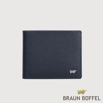 【BRAUN BUFFEL】HOMME-M 8卡中間翻零錢袋短夾-深藍色 德國小金牛/BF306-318-MAR