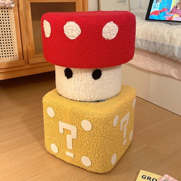 抱枕 靠枕 家用羊羔絨實木矮凳蘑菇換鞋客廳創意骰子坐墩凳子板凳馬里奧凳子S0104快速出貨