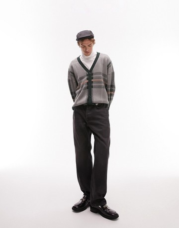 Topman knitted check cardigan in grey-Green