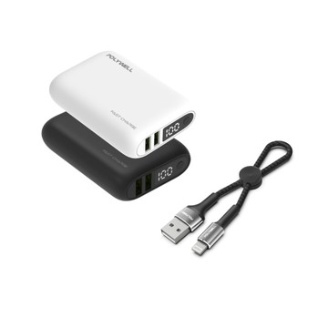 POLYWELL 18W雙向快充行動電源 /1萬毫安 + USB-A To L 極短快充線組