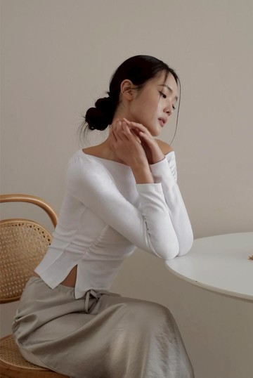 抓皺開衩棉質長袖上衣