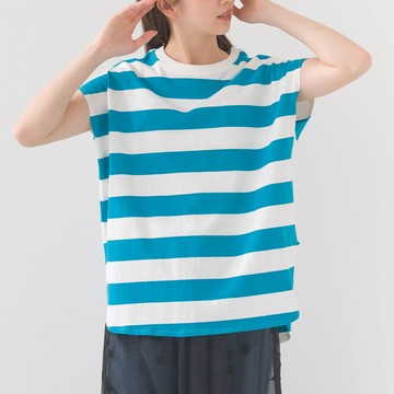 日本 OMNES - 接觸冷感 純棉不易皺法式袖上衣-粗條紋-藍綠x白