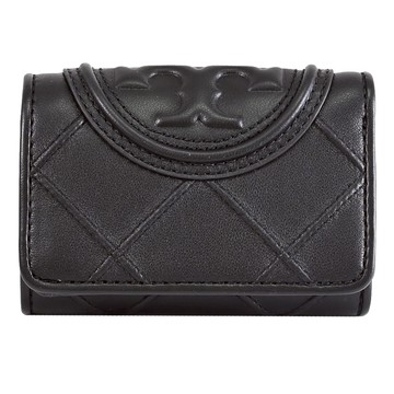TORY BURCH 156558 立體LOGO菱格車線皮革三折小短夾.黑