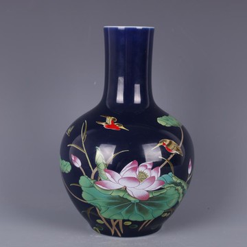 清乾隆藍地粉彩荷花花鳥天球瓶仿古中式家居餐廳瓷器擺件古董古玩1入