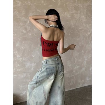 辣到中暑美式辣妹撞色拼接假兩件字母印花吊帶背心短款修身性感