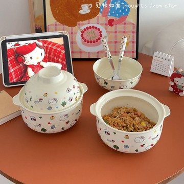 kitty餐具🎀 卡通凱蒂貓可愛家用大容量一人食餐具學生宿舍飯碗帶勺送禮 泡面碗 陶瓷碗 飯碗 飯碗套餐 貓咪飯碗 湯碗