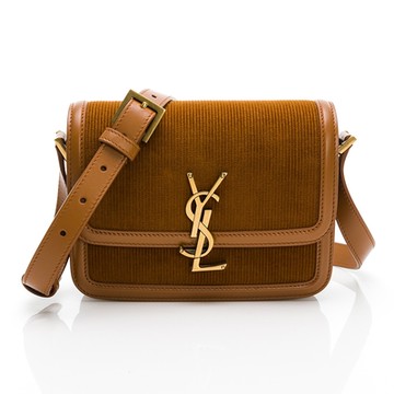 YSL Solferno 金屬LOGO燈芯絨小方包/斜背包 (小款/棕色直紋)