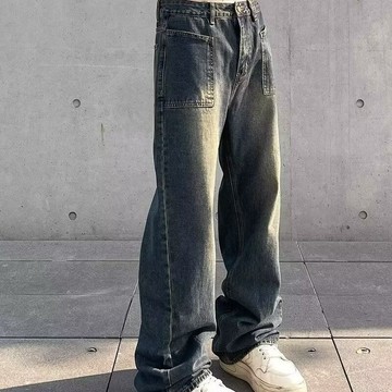 【老林】美式vibe風直筒牛仔褲子男高街寬鬆時尚牛仔褲直筒設計感美式褲子 にご