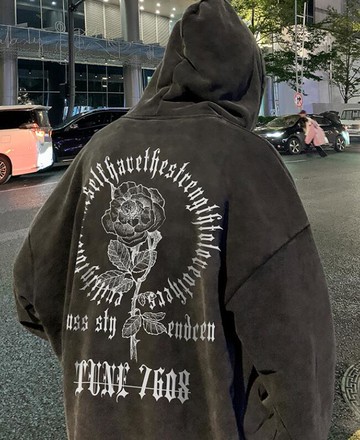 FINDSENSE X 2022 街頭時尚 男士 復古洗水做舊 寬鬆 美式花朵圖案 長袖T恤 連帽外套