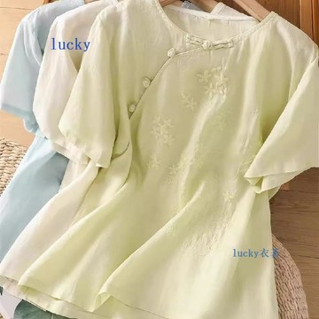 中式短袖國風刺繡寬鬆文藝復古夏季新款繡花棉麻上衣斜襟盤扣襯衫
