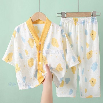 💖臺灣-熱賣💖夏季兒童睡衣女童男童七分袖雲朵棉女孩中大童家居服套裝寶寶睡衣06R5