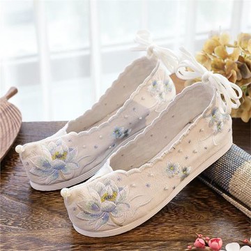 內增高荷花繡花布鞋單鞋棉鞋少女鞋翹頭履弓鞋毛口漢服鞋綁帶鞋冬