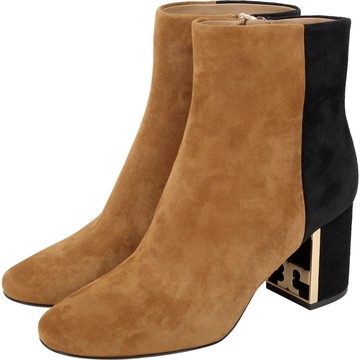 TORY BURCH Gigi T字金屬框粗跟撞色麂絨短靴(深駝)