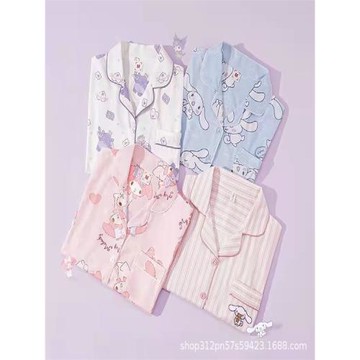 2025年新款睡衣女夏季純棉卡通帕恰狗短袖長褲三件套裝大碼家居服