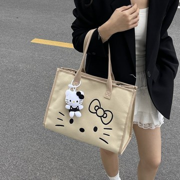 kitty托特包 可愛卡通繡花帆布托特包高顏值大容量手提單肩通勤學生必備ins