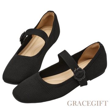 【Grace Gift】零著感方頭小花釦柔織軟墊平底瑪莉珍鞋 黑