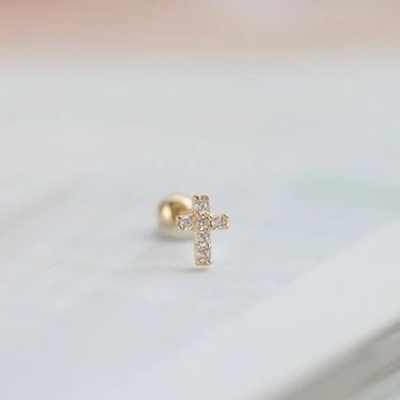 【CHARIS 韓國珠寶】純14K金  十字架鑽 鎖珠耳環 轉珠耳環 (單個) 耳骨 耳窩  不褪色