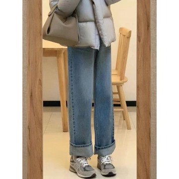梨形身材直筒牛仔褲女秋冬加絨大碼胖妹妹mm高腰寬松顯瘦闊腿長褲