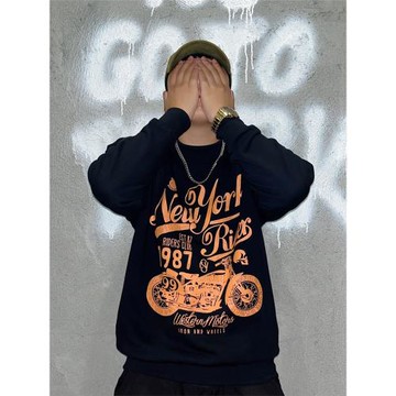 阿美咔嘰重磅美式復古字母印花男衛衣外套圓領機車工裝日系古著潮