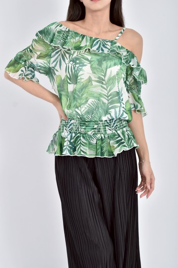 (S) so nice質感紡紗渡假風滿版葉綠色短袖上衣