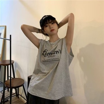 【唯家】字母印花無袖T恤女夏季新款韓系休閒時尚百搭寬鬆大碼跨境ins上衣