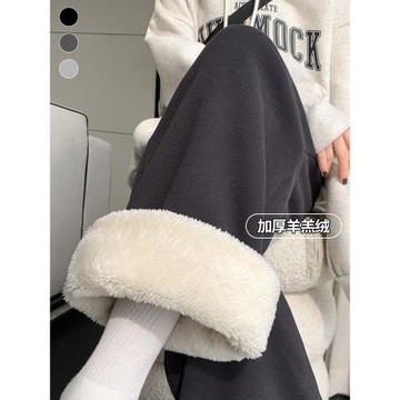 灰色加絨加厚羊羔絨運動褲女秋冬季防風棉褲寬松休閑闊腿美式衛褲