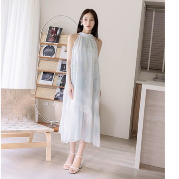 【夏季新品】HS 花朵削肩雪紡洋裝 藍色