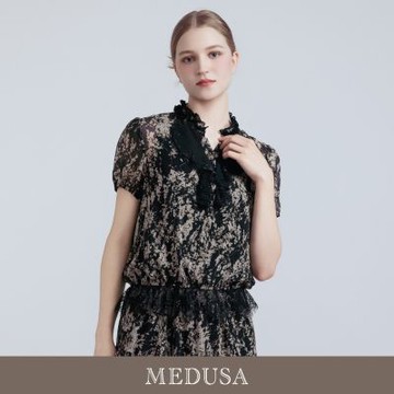 現貨【MEDUSA 曼度莎】宮廷感印花雪紡蕾絲上衣（M-XL）｜女短袖上衣 蕾絲設計 雪紡上衣