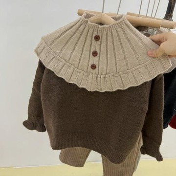 女童毛衣套頭秋冬兒童韓版加厚荷葉邊領打底針織衫寶寶中高領復古