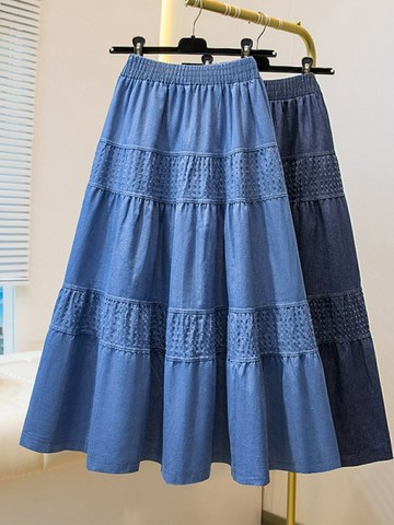 女士半身裙 復古松緊腰百褶牛仔半身裙女春季新款高腰寬松減齡百搭中長a字裙