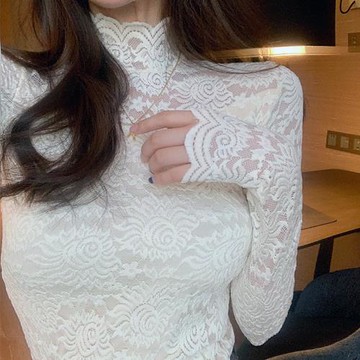 秋冬彈力高領加厚洋氣女上衣蕾絲