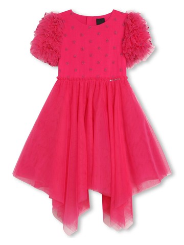 Givenchy Kids - logo-lettering ruffle-detailing dress - kids - Polyamide/Viscose/Mesh - 4 - Pink