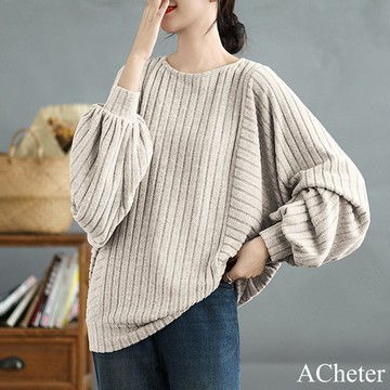 【ACheter】日韓簡約蝙蝠袖圓領寬鬆純色百搭T恤長袖中長上衣# 124028