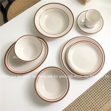 韓ins風早餐碗復古棕線芝麻點沙拉碗 面碗湯盤陶瓷盤甜品盤西餐盤
