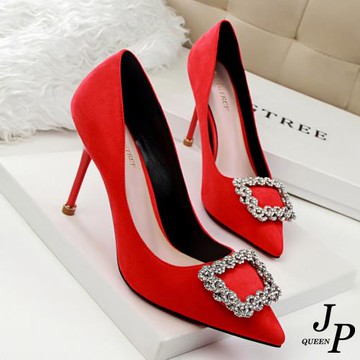 現貨【JP Queen New York】歐美名媛方形水鑽絨面尖頭高跟鞋(紅色37號)