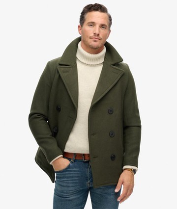 Superdry Men's Mens Classic The Merchant Store - Wool Pea Coat, Green, Size: M