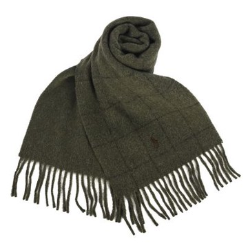 RALPH LAUREN POLO 小馬刺繡LOGO窗型格紋羊毛混紡圍巾-橄欖綠色