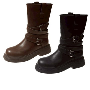 白鳥麗子 [現貨快出] 靴子 經典素色皮革雙釦環低跟短靴