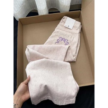 香芋粉噪點直筒褲顯瘦yyds！蝴蝶結刺繡牛仔褲女夏高腰寬松闊腿褲