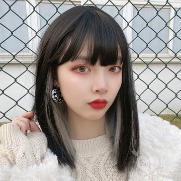 網紅中短髮造型 齊瀏海耳圈染雙色中短髮假髮