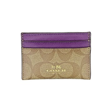 COACH卡其C Logo梅李紫真皮邊一片式證件票卡夾 (展示品)