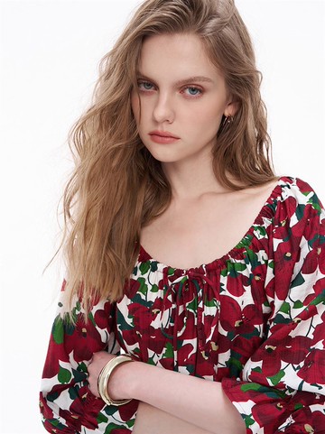 【官網獨賣】熱情扶桑花3way七分泡泡袖印花上衣