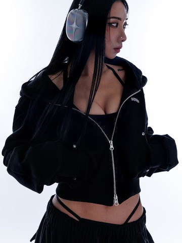 Distressed Logo Crop Hoodie Zip up (Black)