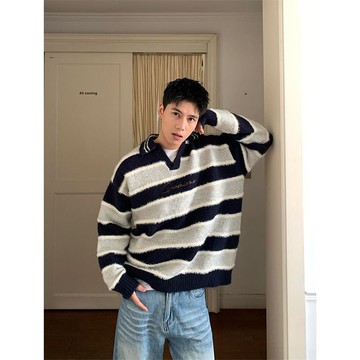 翻領潮流寬鬆毛衣男秋冬美式復古高街條紋撞色針織衫男