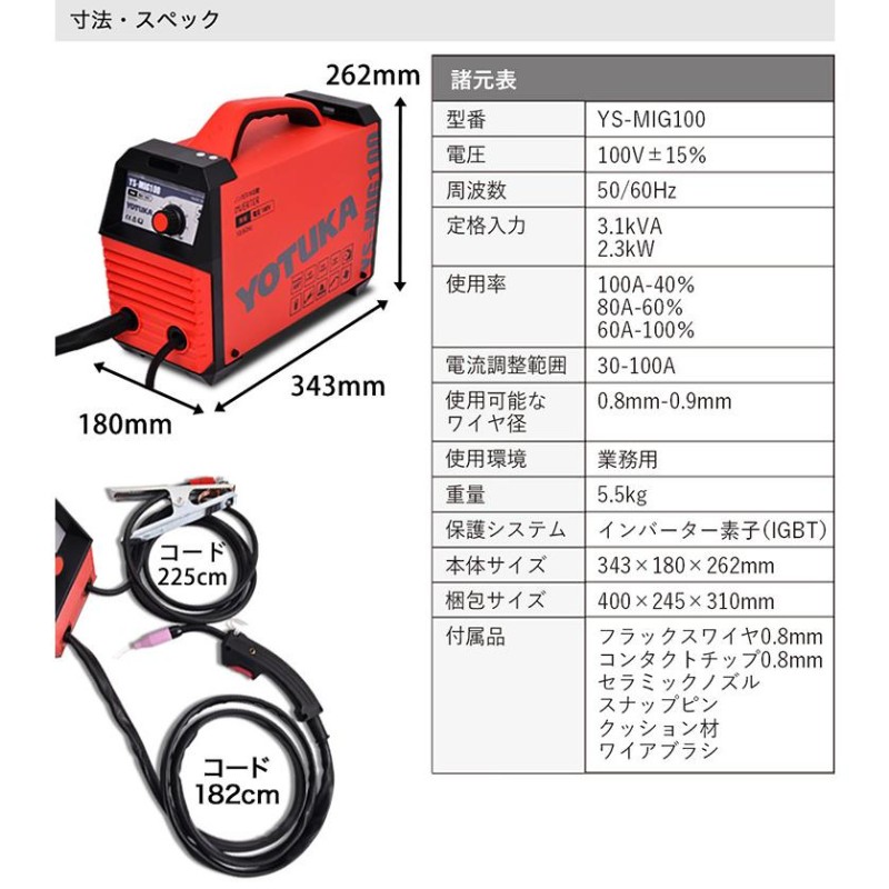 ハイガー公式 半自動溶接機 100V ノンガス MIG溶接 インバーター 小型 軽量 YOTUKA YS-MIG100 1年保証 |  LINEショッピング