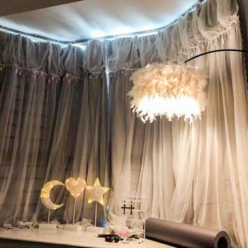 米色網紅款雙層帶紗公主風窗簾遮光布臥室兒童房女孩直播背景飄窗