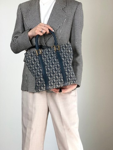 【日本直送 名牌中古包】Christian Dior 克裡斯汀‧迪奧 托特包 海軍藍 緹花 皮革 ysuxts