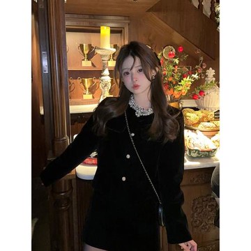 秋冬季韓版休閑時尚名媛氣質黑色小香外套女顯瘦絲絨半裙子兩件套