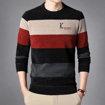 雪尼爾男士毛衣加厚加絨一體絨羊毛衫男秋冬裝圓領保暖打底針織衫