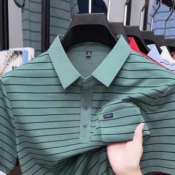 夏季潮男～夏天短袖 新款POLO衫 夏季T恤口袋爸爸休閒翻領條紋 休閒上衣 夏天T恤 短袖Polo衫 翻領上衣 涼感上衣